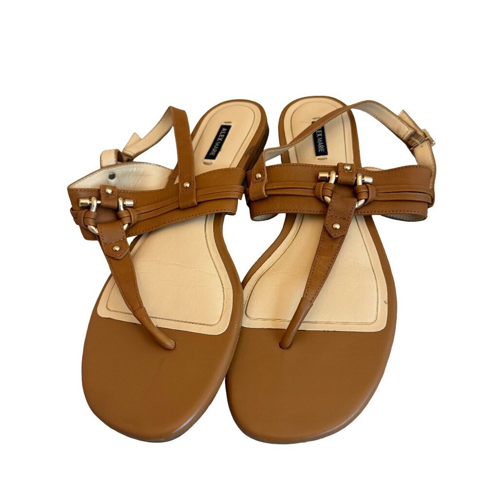 Alex Marie Tan Brown Flat Leather Sandals Buckle Comfort Classic Size 9 Women's
